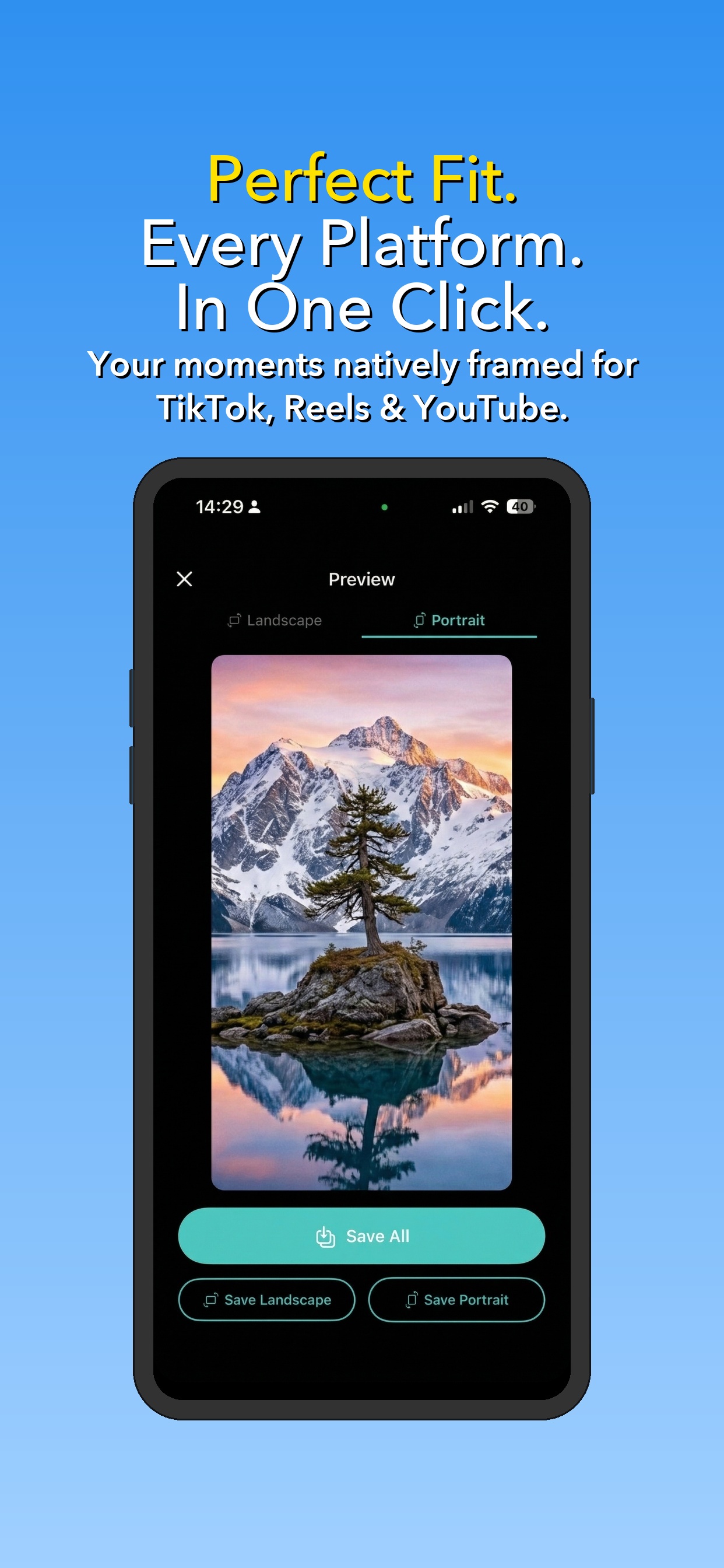 DualTake social media ready framing for TikTok Reels and YouTube
